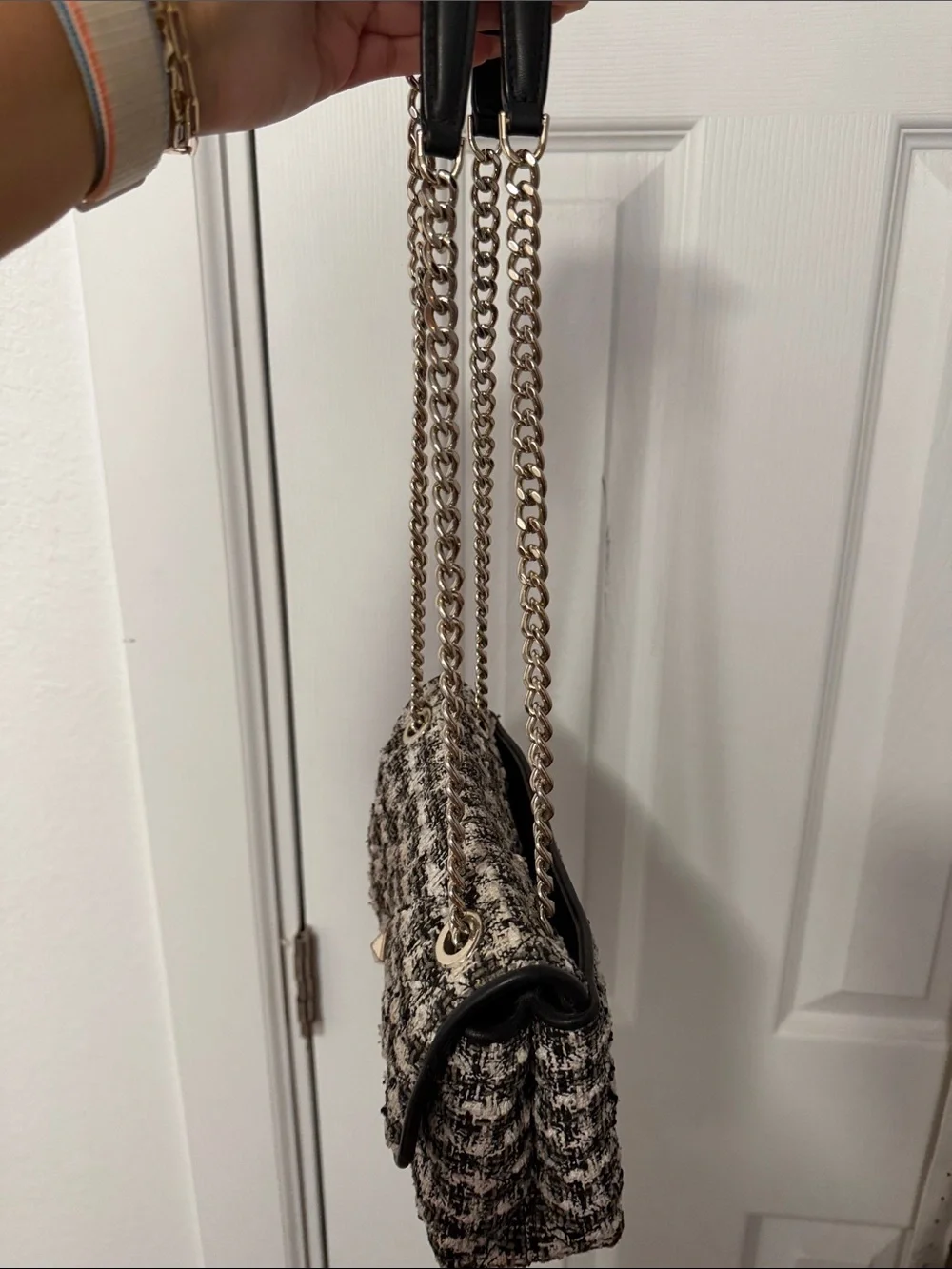kate spade Black and Cream Tweed Shoulder Bag with Gold Chain